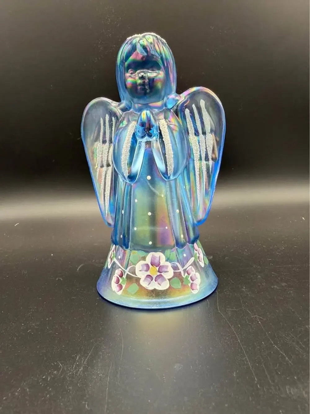Fenton Hand Painted Blue Iridescent Angel Figurine Signed Artist USA Glass